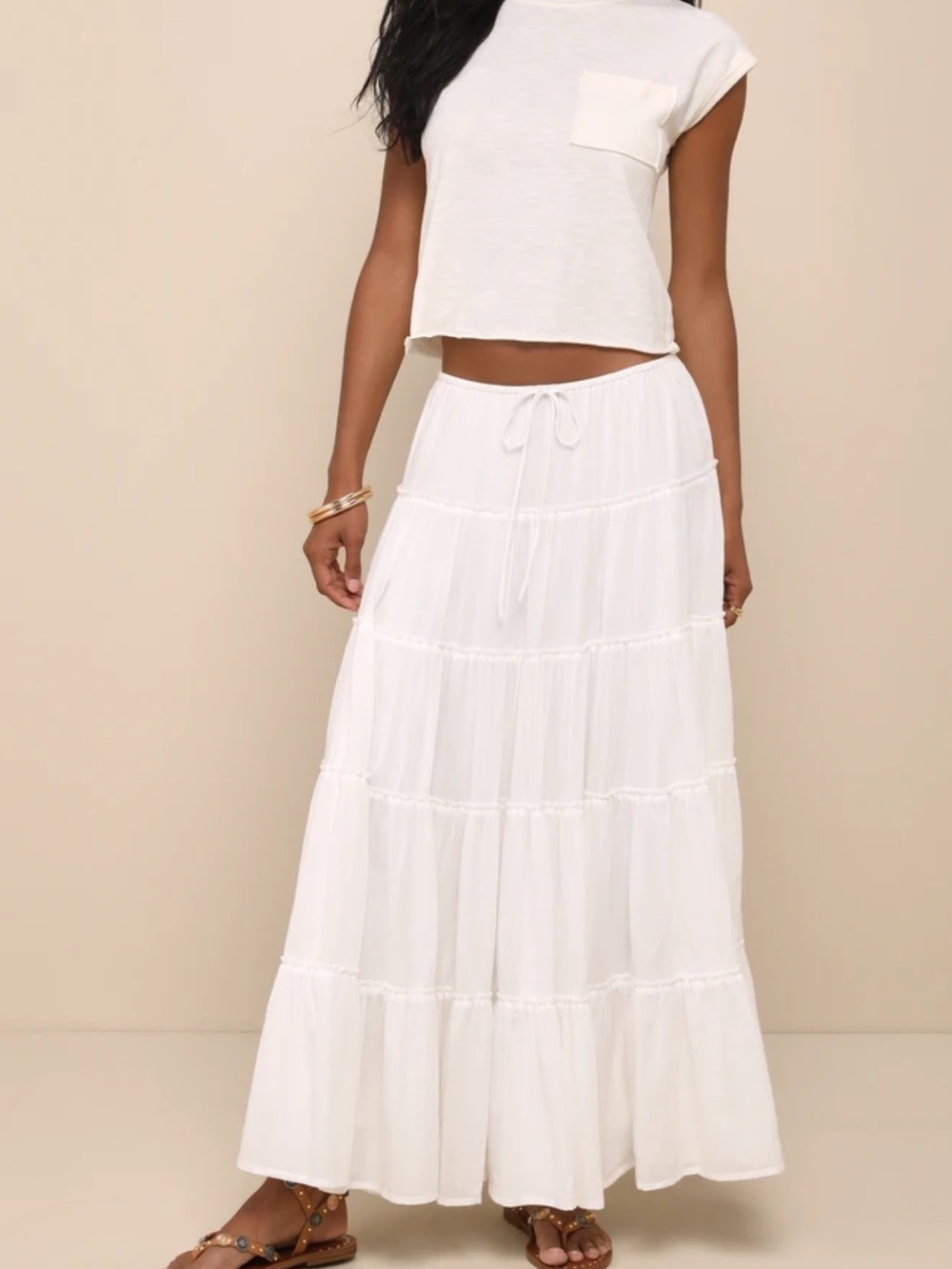 Lulus Relaxed Charm White Gauzy Tiered Drawstring Maxi Skirt